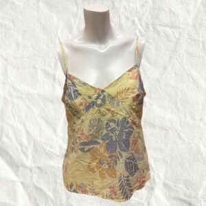 Y2K Babydoll Tropical Floral Yellow Spaghetti Strap Top Beachy size 14